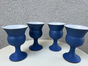 Vtg Pedestal Goblets Pottery Wine Cups Blue White Set 4 5 1/4” - Picture 1 of 9