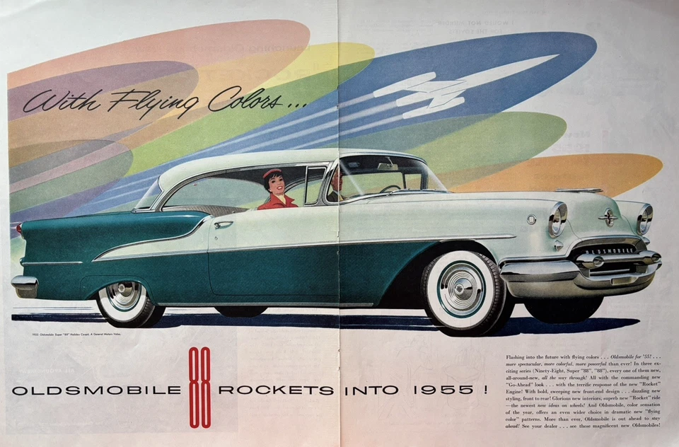 1955 Oldsmobile Super 88 Holiday Coupe Automobile Rocket Colors VTG Print Ad - Image 1 of 1