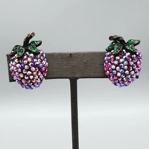 1960s Weiss AB Red Green Rhinestone Pave Strawberry Clip Earrings - Picture 1 of 11