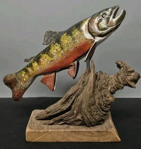 9.5" Tall Hand Carved Wooden Brook Trout Figure **Unknown Artist**  - Picture 1 of 12