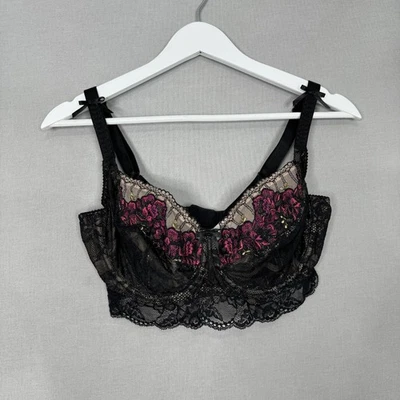PrimaDonna Pleasanton Tulip Seam Balcony Bra Womens 34F Black Lace Floral Bow - Image 1 of 4