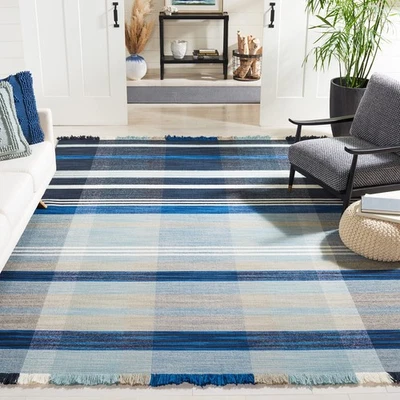 Alfombra Colección Kilim Rayas - Cuadrada 6', Azul Marino y Carbón, Tejido Plano Wo... Foto 1 de 4