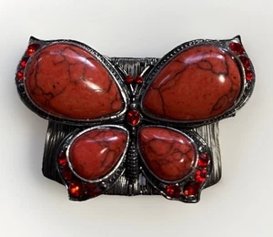 Vtg Cuff  Bracelet Wrapped Brass Wire  Butterfly Red Rhinestone Handmade 1.5” W - Picture 1 of 6