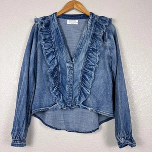 OneTeaspoon Womens XXS Blue Cotton Ruffle Denim Frayed Long Sleeve Popover Top - Picture 1 of 10