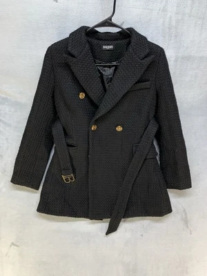 Balmain Paris Black Tweed Double Breasted Belted Coat Jacket Gold Buttons Sz L - Image 1 of 4