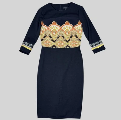 Vestido Etro Feminino 42 Azul Marinho Paisley Midi Bainha Manga 3/4 Itália Elegante - Imagem 1 de 4