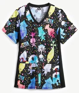 Cherokee Scrubs Tooniforms Trolls Disney V Neck Top Glitter Sz. S NEW - Picture 1 of 5