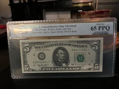 1995 STAR NOTE* $5 FIVE DOLLAR ( CLEVELAND D ) PCGS 65 PPQ GEM UNC Fr. 1985-D* - Image 1 of 3