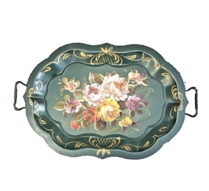 Vintage Toleware Tray Large Green Floral Hand Painted Adjustable Stand Handles - Picture 1 of 8