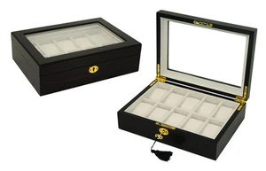 10 WATCH WOOD DISPLAY CASE STORAGE BOX JEWELRY COLLECTOR GIFT EBONY WALNUT 1671E - Picture 1 of 5