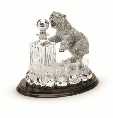 Set Orso bottiglia e 6 bicchieri resina argentato argento - Immagine 1 di 2