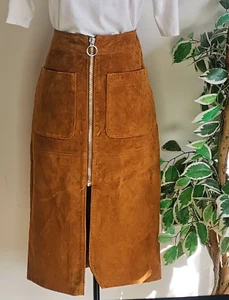 MANGO genuine brown leather skirt with zip spring summer womens size 10 - Picture 1 of 11
