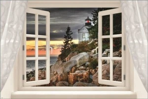 Fenster in Leuchtturm KLASSISCHES LANDSCHAFTLICHES POSTER Felsen Bäume STÜRMISCHER HIMMEL 20x30  - Bild 1 von 1