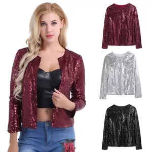 Women Shiny Sequins Long Sleeve Open Front Cropped Blazer Bolero Shrug Tops Coat - Picture 1 of 21