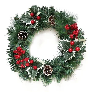 30cm Artificial Spruce and Pine Christmas Wreath With Holly, Berries & Pinecones - Picture 1 of 6