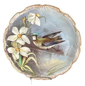 Antique Flambeau Limoges Bird Plate 9.5”Artist Signed EMILE Scalloped Gilded Rim - Picture 1 of 22