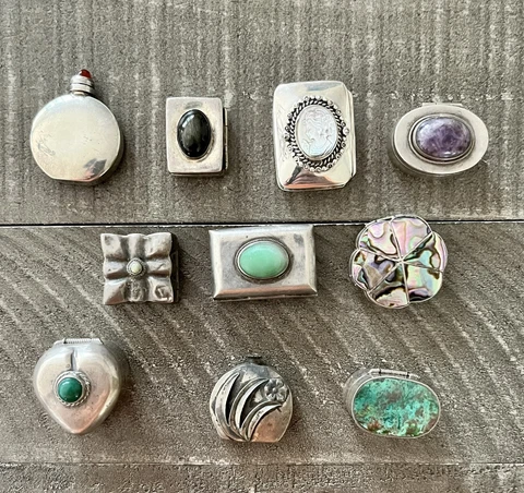 Lot Of 10 - Vintage Antique Pill Boxes Box Sterling Silver Cameo Amethyst Signed Cover