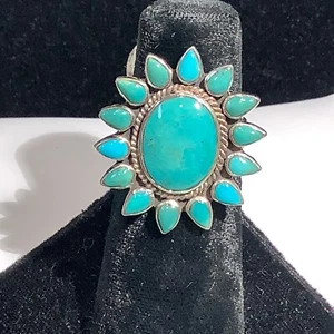 OVAL TURQUOISE BURST SOUTHWESTERN DESIGN DOUBLE STACKED BAND STERLING RING - Picture 1 of 5