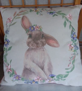 EASTER Bunny Pillow Approx. 5" Thick x 16 x 16 Raised Satin Ribbon Flower Petals - Picture 1 of 7