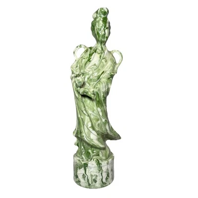 Estatuilla asiática de la diosa Guanyin Kwan Yin de porcelana esmaltada mármol blanco verde MCM Foto 1 de 4