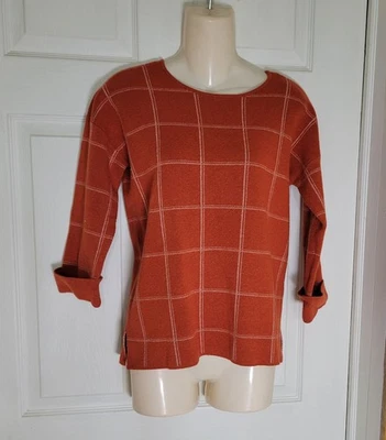 Suéter Pullover Tahari Pequeño Naranja Blanco A Cuadros Rayas Manga 3/4 Puños Foto 1 de 4