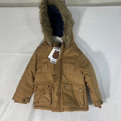 Carter's Jacket Boys 3T Green Parka Hooded Faux Fur Trim Sherpa Lined Winter - Image 1 of 4