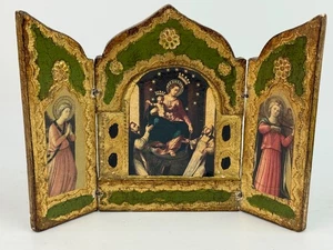 Italian Florentine Wooden Virgin Mary Baby Jesus Angels Triptych Folding Italy - Picture 1 of 3