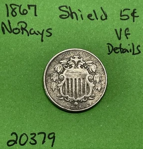 1867 Shield Nickel 5 Cent Piece- No Rays Vf Very Fine Details - Picture 1 of 3