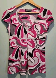 Y2K Retro Pink Black Shimmer Empire Waist V Neck Stretchy Babydoll Top Sz S - Picture 1 of 6