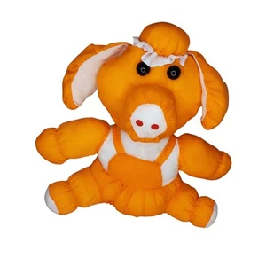 Vintage Neon Orange Nylon Schwein Plüschtier Stofftier Puffalump Stil trägt Lätzchen - Bild 1 von 7