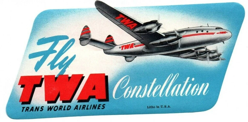 Etiqueta de bagagem vintage década de 1950 6" TWA Airlines Constellation Trans World correio aéreo - Imagem 1 de 1