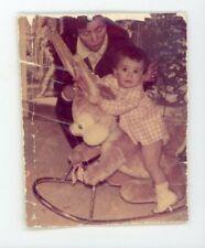 Child on unusual large stuffed rabbit plushy rocking toy  Vintage snapshot photo