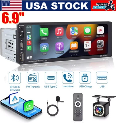 Single Din Coche Estéreo Inalámbrico Apple CarPlay 6.9 Pantalla Táctil Bluetooth Radio USB Foto 1 de 4