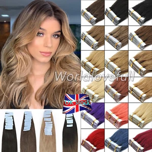 Invisible Tape In Remy Real 100%Human Hair Extensions Skin Weft Full Head 40PCS - Picture 1 of 100