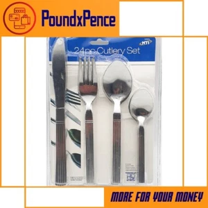 24 PCS CUTLERY SET STEEL TEASPOON DESSERT SPOONS DINNER TABLE FORKS KNIVES METAL - Picture 1 of 1