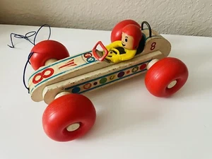 Vintage Fisher Price #8 Bouncy Racer 1960 Pull Toy Red Helmet D - Picture 1 of 8