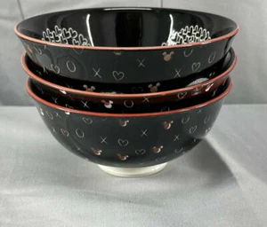 Disney Mickey Mouse Ceramic Bowl Set 3 XO Black White Red Hearts Valentine Love - Picture 1 of 12