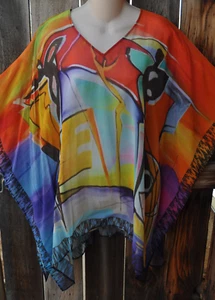 DILEMMA HANDBEMALT GOCKEL INSPIRIERT KUNST ZU TRAGEN 100 % SEIDE LANGER PONCHO TUNIKA, EINHEITSGRÖSSE - Bild 1 von 4