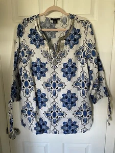 Style & Co Linen Tunic Top Size 18 Blue and White Silver Beaded Details. - Picture 1 of 6