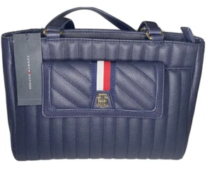 Tommy Hilfiger Navy Blue Quilted Shopper Tote Shoulder Bag w/ Front Flap Pocket - Picture 1 of 12