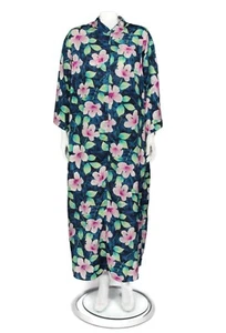 Vintage LORD & TAYLOR Blue Pink Hibiscus Floral Kaftan Lounge Zip Dress sz L 074 - Picture 1 of 6