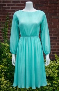 VTG 80s Lovely *SECRETARY CHIC* Pleated SEAFOAM GREEN New Wave DAY DRESS XS-S - Picture 1 of 6