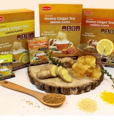 Instant Honey Ginger Tea Lemon 20 茶包盒(2) Pocas 无麸质咖啡因 — 第 1/4 张图片