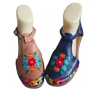Womans Mexican Platform High Heel Shoes 100% Leather with Embroidery Artesanal - Picture 1 of 14