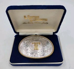Montana Silversmiths Belt Buckle Initial Letter T Sterling Plated - Picture 1 of 8