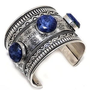 Brazalete ajustable de plata de ley 925 hecho a mano con piedras preciosas de sodalita - Imagen 1 de 1