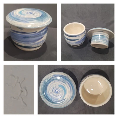 VTG Artist Signed Pottery Countertop Butter Keeper Crock Ceramic Water Dish Blue - Image 1 of 4