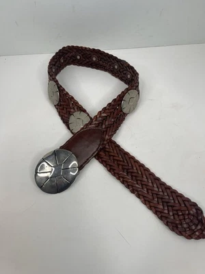 Harold’s Vintage Leather Wide Woven Belt silver metal medallions small Boho chic - Image 1 of 4