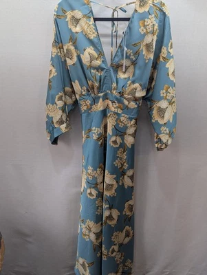 Baltic Born Joni Satin Midi Dress Floral, XL, V-Neckline Blue Open Back Tie - Image 1 of 4