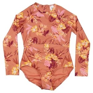 Art Class Girls' Island Floral One Piece Rash Guard Swimsuit Brown, M/8 Plus - Picture 1 of 3